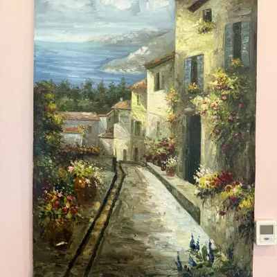 Coastal Village Wall Hanging with Decorative Metal Rods