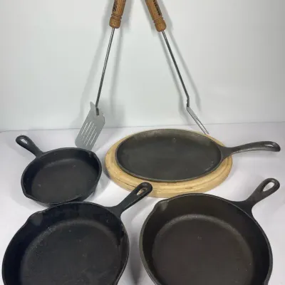 Cast Iron Skillets w/ Sizzle Platter & Grill Tools