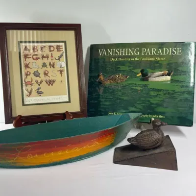 Signed Rodney Lewis Pirogue w/ Louisiana Print, Book & Duck Cast Iron Metal Doorstop