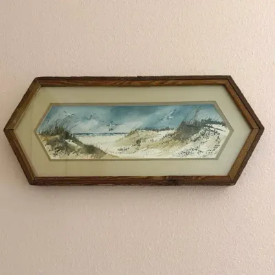 Coastal Beach & Seagull Artwork in Hexagonal Wood Frame - Signed by Artist, Maxine Rack