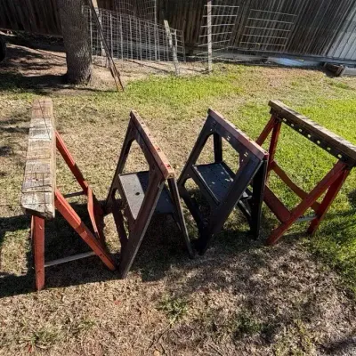 Four Folding Sawhorses Including Hirsh Iron Horse Pair