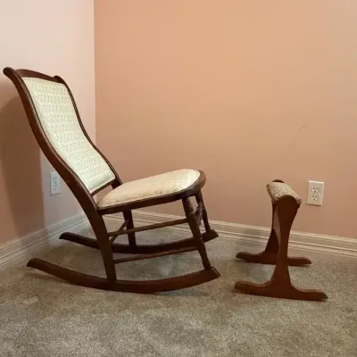 Vintage Upholstered Armless Wood Rocking Chair with Floral Foot Stool