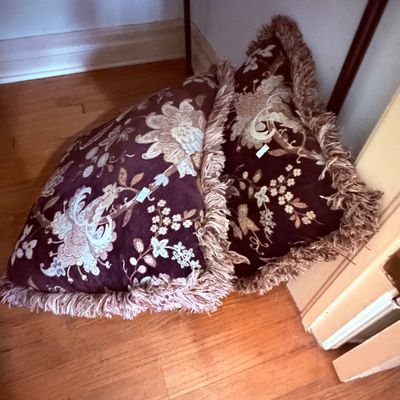 Sale Photo Thumbnail #52: Pair of vintage floral jacquard down filled throw pillows 