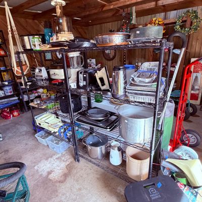 Sale Photo Thumbnail #101: various vintage kitchenware, small appliances, cookware, and storage containers.