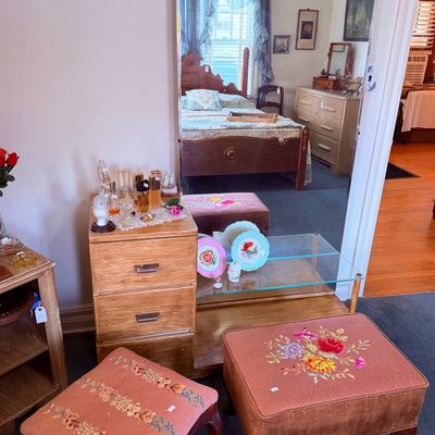 Sale Photo Thumbnail #35: Vintage wooden vanity with a large rectangular mirror and glass display shelf