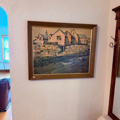 Sale Photo Thumbnail #13: Mid-century impasto style painting art of a coastal harbor scene with boats and buildings, set in a walnut wood frame with gold inner trim.