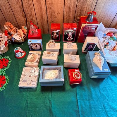 Sale Photo Thumbnail #111: Collection of vintage Christmas ornaments, including Hallmark Keepsake, Lenox, and spun glass figures, displayed in original boxes.