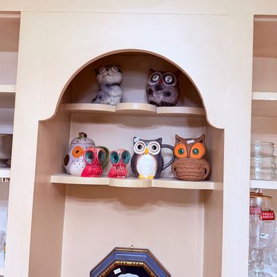 Sale Photo Thumbnail #68: Collection of vintage owl and animal ceramics, including solar garden statues, mugs, and small figurines