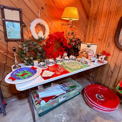 Sale Photo Thumbnail #103: various holiday decor items, including wreaths, a ceramic snow village set, glassware, mugs