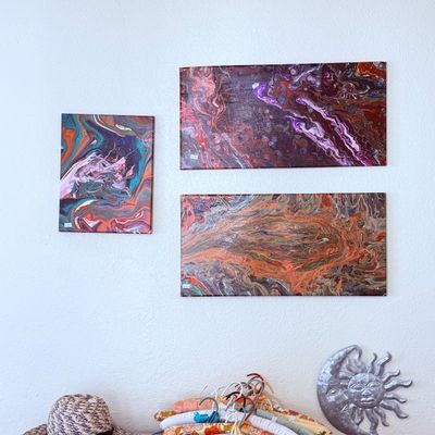 Sale Photo Thumbnail #58: Trio of modern abstract fluid pour paintings on canvas 