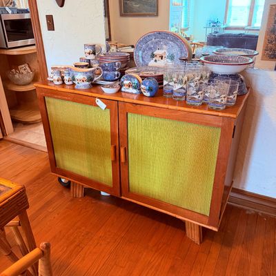 Sale Photo Thumbnail #7: Vintage mid-century wooden server cabinet with chartreuse textured door panels, 