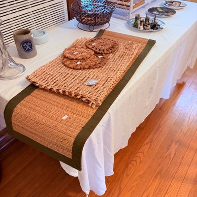 Sale Photo Thumbnail #11: Natural woven jute table runner with fabric trim