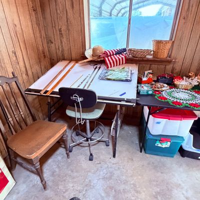Sale Photo Thumbnail #108: Large vintage drafting table with T-squares, paired with an adjustable rolling office stool 