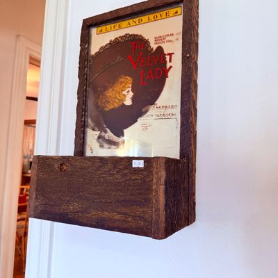 Sale Photo Thumbnail #27: Vintage rustic wooden wall planter box featuring framed sheet music art for "The Velvet Lady".