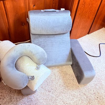 Sale Photo Thumbnail #79: Adjustable grey plush bed wedge pillow set with backrest and armrests, accompanied, grey plush neck pillow.