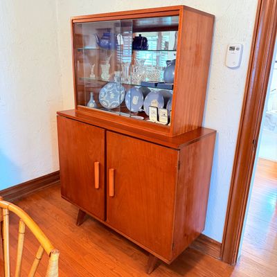 Sale Photo Thumbnail #6: Mid-century modern teak display cabinet and hutch with glass sliding doors, 