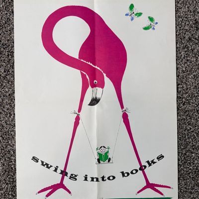 Sale Photo Thumbnail #2: 1964 Bruno Munari Italian Artist Iconic Swing into Books Children's Book Week Poster.-Signed Munari-Litho in USA signed Amazing condition with folds quarters.