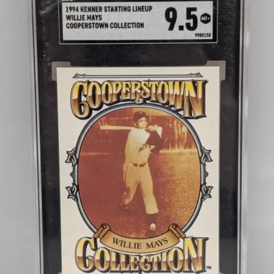 Sale Photo Thumbnail #86: SGC-graded 9.5 Mint+ 1994 Kenner Starting Lineup Cooperstown Collection Willie Mays trading card.