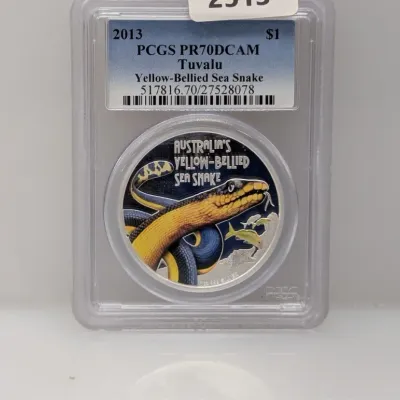 Sale Photo Thumbnail #1004: 2013 Tuvalu $1 Yellow-Bellied Sea Snake silver coin, graded PCGS PR70DCAM in a protective slab.
