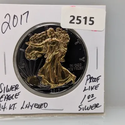 Sale Photo Thumbnail #1006: 2017 American Silver Eagle 1 oz silver coin, featuring a proof-like finish layered in 24 karat gold and housed in a cardboard flip holder.