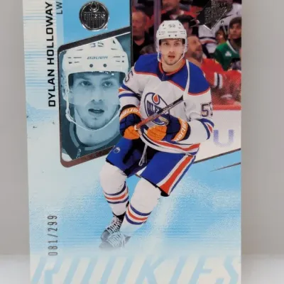 Sale Photo Thumbnail #572: Upper Deck SPx Dylan Holloway hockey rookie trading card, hand-numbered 081/299 featuring the Edmonton Oilers left wing.