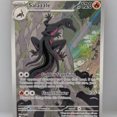 Sale Photo Thumbnail #735: Pokémon Salazzle full art illustration rare trading card, number 224/217 from the Scarlet & Violet series.
