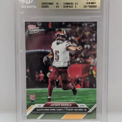 Sale Photo Thumbnail #193: Beckett Gem Mint 9.5 graded 2024 Topps Now Jayden Daniels #22 rookie card in protective slab casing.