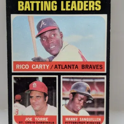 Sale Photo Thumbnail #588: 1971 Topps baseball card #61 featuring 1970 National League Batting Leaders Rico Carty, Joe Torre, and Manny Sanguillen.