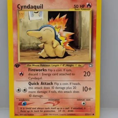 Sale Photo Thumbnail #825: 1st Edition Cyndaquil Pokémon trading card (#57/111) from the Neo Genesis expansion, dated 2000.