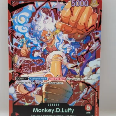 Sale Photo Thumbnail #826: One Piece Card Game Monkey.D.Luffy leader card (ST21-001) featuring full-art Gear 5 Luffy artwork in near-mint condition.