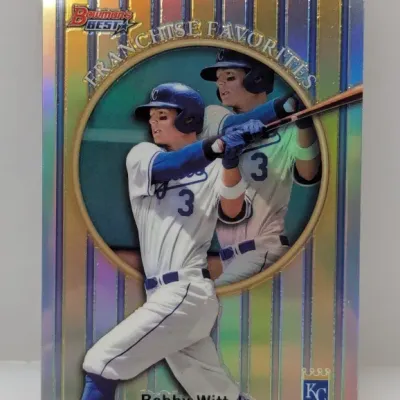 Sale Photo Thumbnail #617: Bowman's Best 'Franchise Favorites' Bobby Witt Jr. refractor trading card, featuring the Kansas City Royals player in a modern refractor finish.