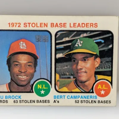 Sale Photo Thumbnail #656: 1973 Topps baseball card #85 featuring 1972 Stolen Base Leaders Lou Brock and Bert Campaneris.