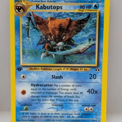Sale Photo Thumbnail #705: 1st Edition Kabutops 25/75 Pokémon card from the 2001 Neo Discovery expansion set.