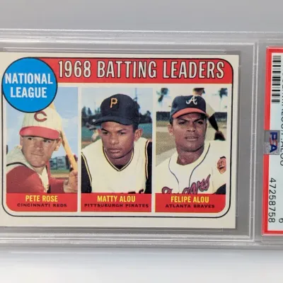 Sale Photo Thumbnail #262: PSA-graded EX-MT 6 copy of 1969 Topps #2 NL Batting Leaders baseball card featuring Pete Rose, Matty Alou, and Felipe Alou.