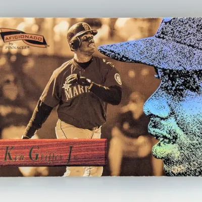 Sale Photo Thumbnail #708: 1996 Pinnacle Aficionado Ken Griffey Jr. baseball card featuring a duotone action shot with a holographic foil profile insert.