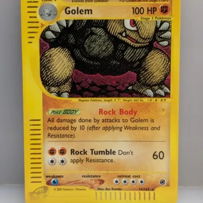 Sale Photo Thumbnail #360: 2002 Pokémon Expedition Base Set holographic Golem trading card (14/165) featuring artwork by Aya Kusube.