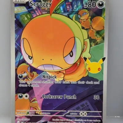 Sale Photo Thumbnail #753: Pokémon Scraggy 30th Anniversary full art holo trading card, card number 140/128, in near-mint condition.