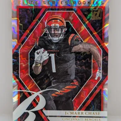 Sale Photo Thumbnail #254: 2021 Donruss Elite Series Rookies Ja'Marr Chase holographic football trading card in mint condition.