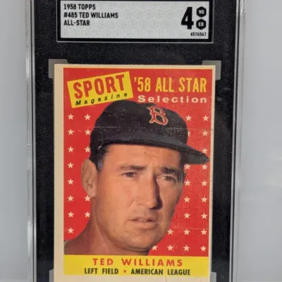 Sale Photo Thumbnail #25: 1958 Topps #485 Ted Williams All-Star baseball card, graded SGC 4 VG/EX.