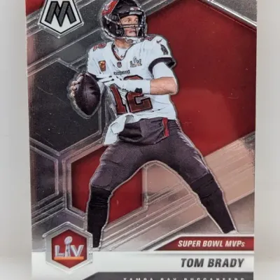 Sale Photo Thumbnail #937: Panini Mosaic Tom Brady Super Bowl MVPs football trading card featuring the Tampa Bay Buccaneers quarterback.