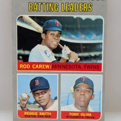 Sale Photo Thumbnail #621: 1970 Topps #61 1969 American League Batting Leaders baseball card, featuring Rod Carew, Reggie Smith, and Tony Oliva.