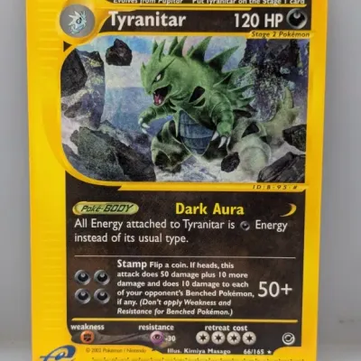 Sale Photo Thumbnail #232: 2002 Pokémon Expedition Base Set Tyranitar trading card, number 66/165, featuring artwork by Kimiya Masago.