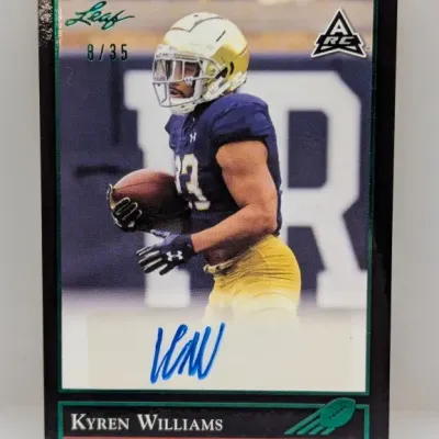 Sale Photo Thumbnail #206: Leaf autographed Kyren Williams rookie football trading card, numbered 8/35.