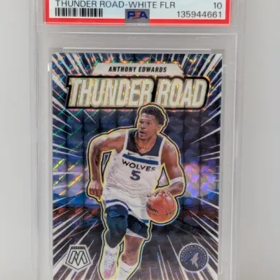 Sale Photo Thumbnail #383: PSA-graded Gem Mint 10 Anthony Edwards 2024 Panini Mosaic Thunder Road White Flourish basketball card #4.