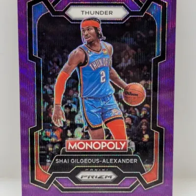 Sale Photo Thumbnail #549: Panini Prizm Monopoly Shai Gilgeous-Alexander purple wave trading card in Oklahoma City Thunder uniform.