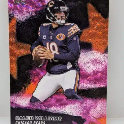 Sale Photo Thumbnail #77: Topps Caleb Williams Chicago Bears football trading card featuring a pink and orange crackle refractor design.