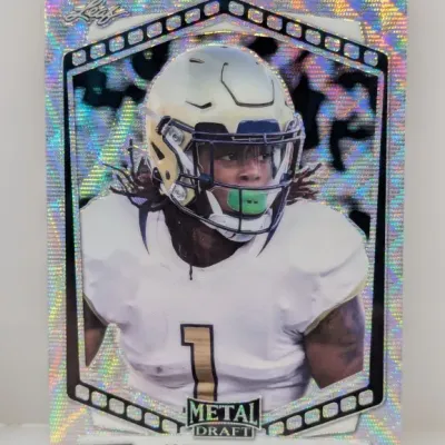 Sale Photo Thumbnail #661: Leaf Metal Draft trading card featuring Jahmyr Gibbs in a Georgia Tech uniform with a holographic silver prismatic finish.