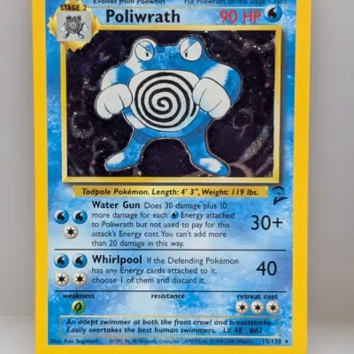 Sale Photo Thumbnail #792: Base Set 2 holographic Poliwrath Pokémon trading card, numbered 15/130, released in 2000.