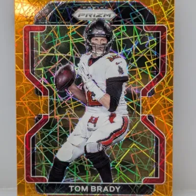 Sale Photo Thumbnail #319: Panini Prizm Tom Brady Tampa Bay Buccaneers orange laser prizm trading card in excellent condition.