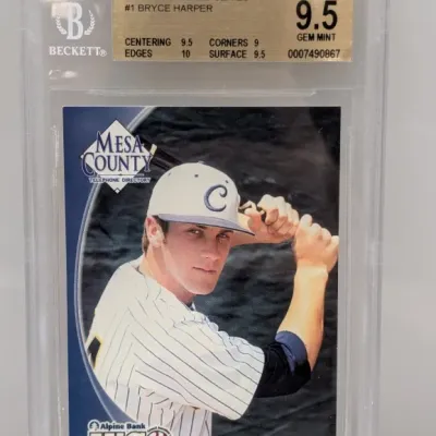 Sale Photo Thumbnail #75: Beckett-graded 9.5 Gem Mint 2010 JUCO World Series #1 Bryce Harper baseball card in protective slab.